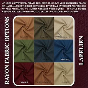 May include: A color chart displaying rayon fabric options. The chart includes swatches in various colors such as camel, brown, champagne, olive, dark grey, sailor blue, wine, medium fawn, and light khaki. Each swatch is labeled with a color name and number.