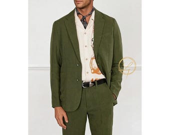 Costume en lin mélangé vert olive foncé fait à la main pour homme, costume décontracté et formel, tenue de mariage et de fête d'été.