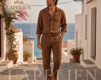 Ensemble de villégiature en lin marron pour homme | Ensemble coordonné en lin pour les vacances | Tenue d'été côtière pour homme | Vêtements de villégiature de luxe | Ensemble en lin Old Money