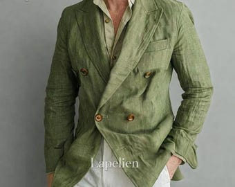 Herr olivgrön linnekavaj | Dubbelknäppt sommarjacka | Lätt, avslappnad och formell outfit | Klassisk skräddarsydd stil