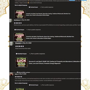 May include: Image featuring customer reviews with text: "THANK YOU." Reviews mention "Powerful Career Job Spell" and "Extreme Luck Spell." The background has a gold decorative design with two hands in a prayer position.