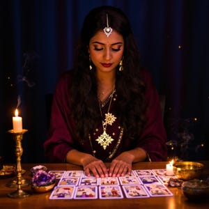 May include: A woman in a burgundy dress with gold jewelry sits at a wooden table, reading tarot cards. Lit candles and a decorative amethyst geode are on the table. The scene is dimly lit with a mystical ambiance.