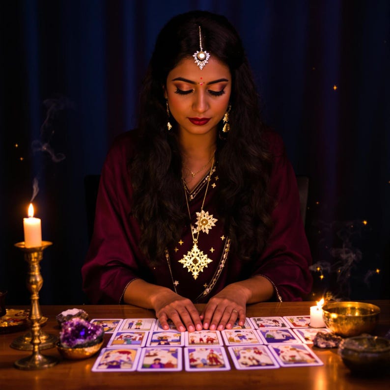 May include: A woman in a burgundy dress with gold jewelry sits at a wooden table, reading tarot cards. Lit candles and a decorative amethyst geode are on the table. The scene is dimly lit with a mystical ambiance.