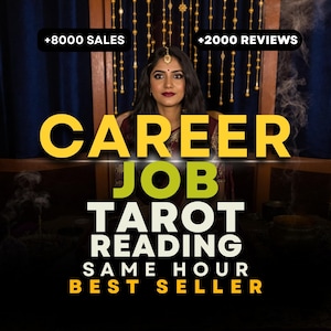 May include: Image promoting career and job tarot readings. Text includes "Career Job Tarot Reading" and "Same Hour Best Seller." The image features a woman with a bindi, with text indicating over 8000 sales and 2000 reviews.