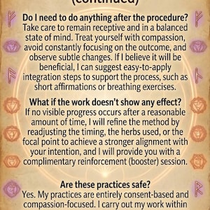 May include: A beige background with text about candle work by Devika. The text includes questions and answers about the process, aftercare, and safety. Decorative symbols and crystals surround the text.