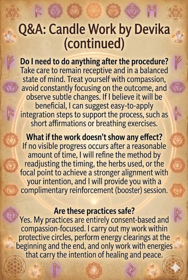 May include: A beige background with text about candle work by Devika. The text includes questions and answers about the process, aftercare, and safety. Decorative symbols and crystals surround the text.
