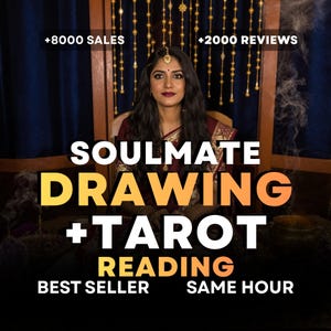 Può includere: Una donna in un sari bordeaux è seduta, con testo sovrapposto all'immagine. Il testo recita "SOULMATE DRAWING + TAROT READING" con "BEST SELLER" e "SAME HOUR" sotto. L'immagine include anche "+8000 SALES" e "+2000 REVIEWS".