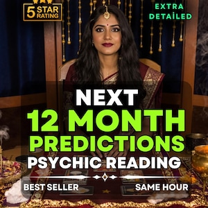 May include: A psychic reading service advertisement featuring a person in a maroon garment with gold embroidery, sitting behind a table covered in a purple cloth with tarot cards, gold bowls, and text reading NEXT 12 MONTH PREDICTIONS PSYCHIC READING.