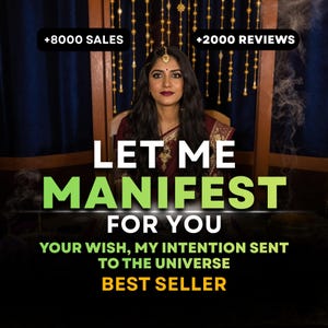 以下が含まれることがあります： マルーンのサリーを着た女性が座っており、「LET ME MANIFEST FOR YOU」というテキストが表示されています。画像には「+8000 SALES」と「+2000 REVIEWS」の文字も含まれています。「BEST SELLER」の文字も表示されています。