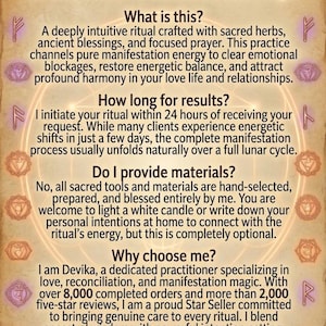 May include: Tan and purple graphic with text about candle rituals by Devika. The text describes the ritual's purpose, process, and benefits, including clearing emotional blockages and restoring balance. It also mentions the practitioner's experience.