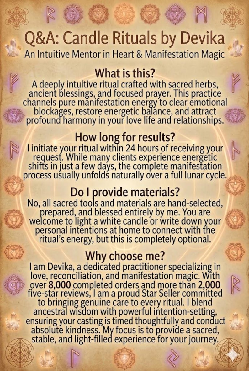 May include: Tan and purple graphic with text about candle rituals by Devika. The text describes the ritual's purpose, process, and benefits, including clearing emotional blockages and restoring balance. It also mentions the practitioner's experience.