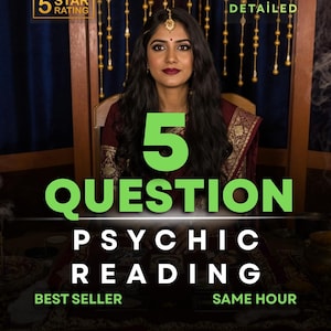Puede incluir: Imagen promocionando un servicio de lectura psíquica. El texto dice "5 QUESTION PSYCHIC READING" en letras verdes grandes. Texto adicional incluye "BEST SELLER" y "SAME HOUR". Una mujer está sentada frente a una cortina azul.