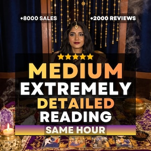 May include: An image featuring a woman with a bindi, in front of a dark blue curtain and gold string lights. The image has text that reads "MEDIUM EXTREMELY DETAILED READING SAME HOUR" with five gold stars. The image also has text that reads "+8000 SALES" and "+2000 REVIEWS".