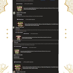 May include: A digital image featuring customer reviews for various spells, including luck, beauty, and career spells. The reviews are displayed on a black background with gold decorative elements. The text includes customer feedback and spell descriptions.