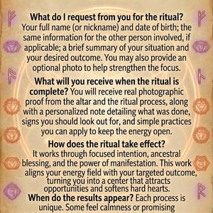 May include: A beige informational graphic with the title "Q & A: Candle Work by Devika (continued)". The text explains the ritual process, including what is requested, what is received, and how the ritual works. The text also mentions when the results appear.