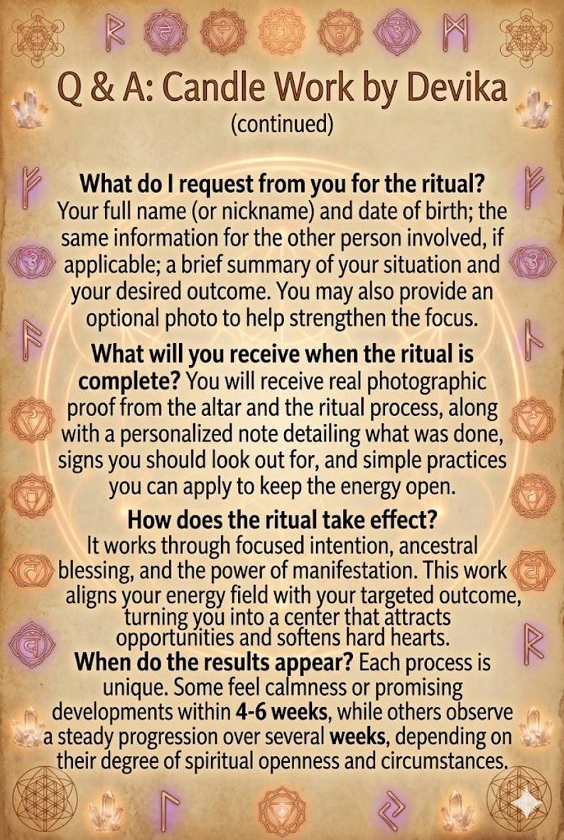 May include: A beige informational graphic with the title "Q & A: Candle Work by Devika (continued)". The text explains the ritual process, including what is requested, what is received, and how the ritual works. The text also mentions when the results appear.