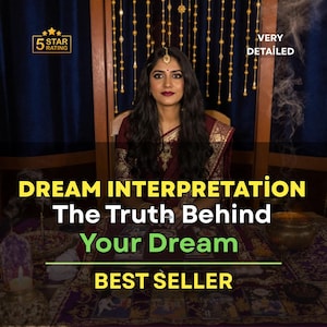 Könnte beinhalten: Eine Frau in einem bordeauxfarbenen Sari sitzt, mit dem Text "DREAM INTERPRETATION The Truth Behind Your Dream BEST SELLER." Das Bild enthält eine 5-Sterne-Bewertung und die Worte "VERY DETAILED."