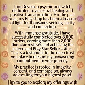May include: Tan-colored Etsy shop advertisement with the text "Welcome to Devika's Sanctuary." The text describes the shop's focus on ancestral healing and positive transformation, with over 8,000 orders and 2,000 five-star reviews.
