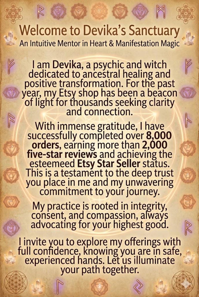 May include: Tan-colored Etsy shop advertisement with the text "Welcome to Devika's Sanctuary." The text describes the shop's focus on ancestral healing and positive transformation, with over 8,000 orders and 2,000 five-star reviews.