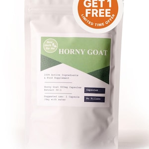 Puede incluir: Bolsa blanca de cápsulas de Horny Goat con una etiqueta verde y blanca. La etiqueta incluye el texto "Horny Goat" y "Best Herb for Me". Una pegatina circular naranja en la parte superior dice "Buy 2 Get 1 Free".
