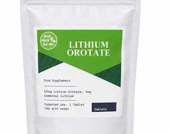Puede incluir: Una bolsa blanca resellable que contiene suplemento alimenticio de orotato de litio. La etiqueta presenta un triángulo verde con el texto Best Herb for Me, Lithium Orotate, 125mg Lithium Orotate, 5mg elemental Lithium y Suggested use: 1 Tablet/day with water.