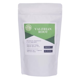 May include: A white pouch of Valerian Root capsules. The label features the text "VALERIAN ROOT" in green and white. Additional text includes "100% Active Ingredients & Food Supplement" and "Suggested use: 1 Capsule /day with water."