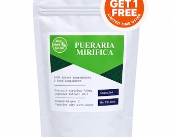 Può includere: Una busta bianca verticale contenente capsule di Pueraria Mirifica. L'etichetta presenta una grafica verde, il testo "Best Herb for Me", "100% Active Ingredients & Food Supplement", "700mg", "Extract 10:1" e un adesivo circolare arancione "BUY 2 GET 1 FREE".