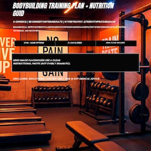 Könnte beinhalten: Ein Bodybuilding-Trainingsplan und Ernährungsratgeber mit dem Text "Bodybuilding Training Plan + Nutrition Guide". Das Bild zeigt ein Fitnessstudio mit Gewichten, Bänken und Text mit "8-12 Wochen" und "Mahlzeitenpläne enthalten".