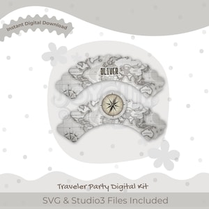 Traveler Party Digital Kit | SVG & STUDIO3 Suitcase Box, Banners, Cupcake Wrappers, Toppers Templates | Printable Travel Theme Decorations