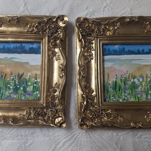Mini Wildflower Meadow Paintings | Floral Field Scenes in Ornate Gold Frames (Set of 2)