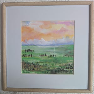 Original Framed Watercolor Prairie Landscape | Vibrant Sunset Sky Over Open Fields