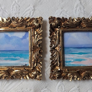 Mini Framed Ocean Paintings | Original Seascape Watercolor Set in Ornate Gold Frames | Coastal Art Miniatures (Set of 2)