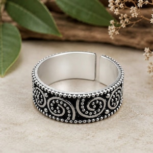 Spiralring i sterlingsilver, oxiderad rullning i boho-stil, justerbara smycken