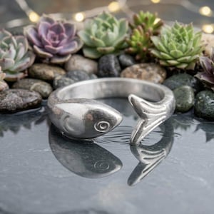 Sterling Silver Fish Wrap Ring, Nautical Animal Jewelry, Minimalist Ocean Band