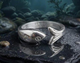 Sterling Silber Fisch Wrap Ring, Wassertier Schmuck, Minimalist Ocean Band
