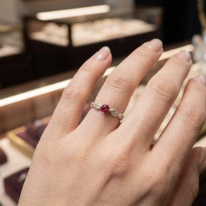 Sterling Silver Ruby Leaf Band, Nature Botanical Stacking Ring