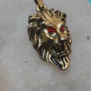 Puede incluir: Colgante de león dorado con ojos de piedras preciosas rojas. El colgante presenta una melena texturizada y un lazo para una cadena. La cabeza del león es el punto focal, mostrando un diseño regio y detallado.