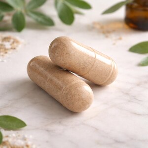May include: Two beige capsules, likely supplements, are positioned on a marble surface. The capsules are cylindrical with a slightly translucent appearance. Green leaves and a small brown bottle are visible in the background, suggesting a natural or health-related theme.