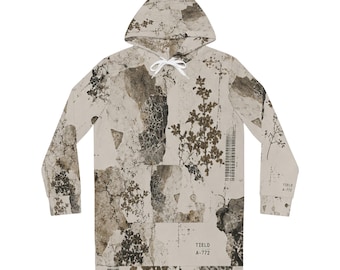 Neutral Earthtone Hoodie Dress — Vintage Map & Botanical Print