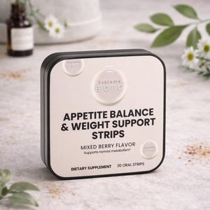 May include: A square box with a black frame and a white face, featuring the text "APPETITE BALANCE & WEIGHT SUPPORT STRIPS." The box also states "MIXED BERRY FLAVOR" and "DIETARY SUPPLEMENT 30 ORAL STRIPS."