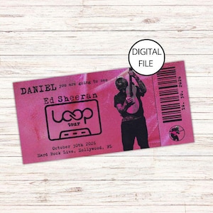 Może przedstawiać: Różowy plik cyfrowy biletu na koncert Ed Sheeran Loop Tour. Bilet zawiera imię "Daniel", datę 30 października 2026 r. oraz miejsce, Hard Rock Live, Hollywood, FL.