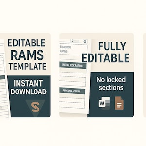 May include: A graphic with the text "EDITABLE RAMS TEMPLATE" and "INSTANT DOWNLOAD". The image also shows a document with the text "EQUISRISK RATING" and "INITIAL RISK RATING". The steps are "1 PURCHASE", "2 DOWNLOAD", and "3 EDIT & USE".
