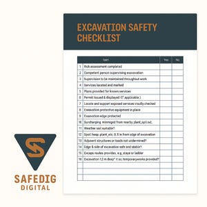 Puede incluir: Una lista de verificación de seguridad titulada "EXCAVATION SAFETY CHECKLIST" con una lista de elementos de seguridad. La lista de verificación incluye un logotipo de "SAFEDIG DIGITAL". La lista de verificación tiene columnas para "Sí" y "No".
