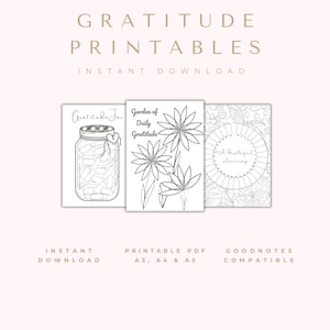 Op de afbeelding: Drie afdrukbare dankbaarheidsdagboekpagina's met lijntekeningen. De pagina's bevatten een pot met het opschrift "Gratitude Jar", bloemen met de tekst "Garden of Daily Gratitude" en een cirkelvormig ontwerp met de tekst "A Grateful Journey".