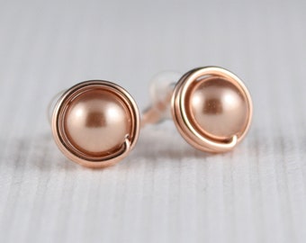Rose gold stud earrings with Rose Gold Swarovski pearls - Rose Gold filled post earrings - minimal earrings - office - Nickel free earrings