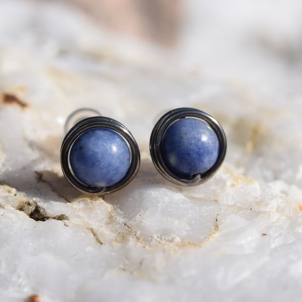 Blue Sodalite gemstone post earrings - 9mm Niobium handmade stud earrings - Healing stone - Hypoallergenic - Free shipping to Canada