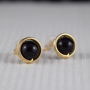 Black Obsidian gemstone post earrings - 9mm handmade Gold stud earrings - Healing stone - Black stone earrings - Free ship to Canada