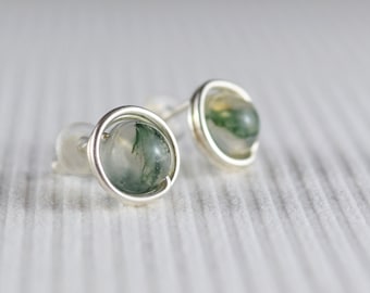 9mm handmade Sterling silver earrings - Moss agate gemstone stud earrings - Healing stone - Made in Canada - Free shipping to Canada