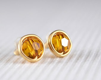 Gold stud earrings - 9mm handmade Gold filled - Topaz Swarovski crystal posts - birthday gift - Nickel free earrings - November birthstone