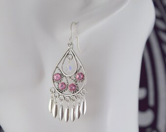 Pink dangle earrings - Silver earrings with Light Rose Swarovski crystal - Statement earrings - Free shipping to CANADA